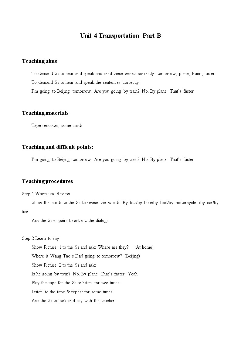 Unit 4 Transportation Part B   教案第1页