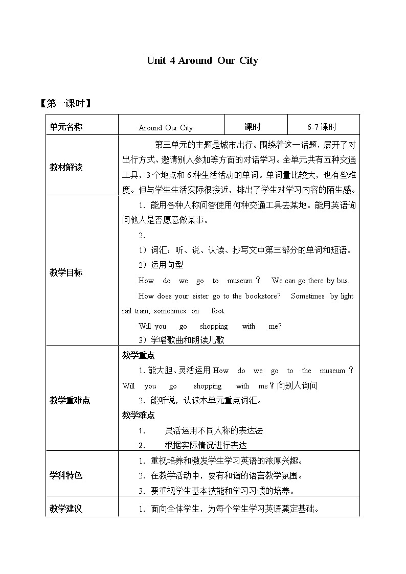 Unit 4 Around Our City Lesson 1   教案01