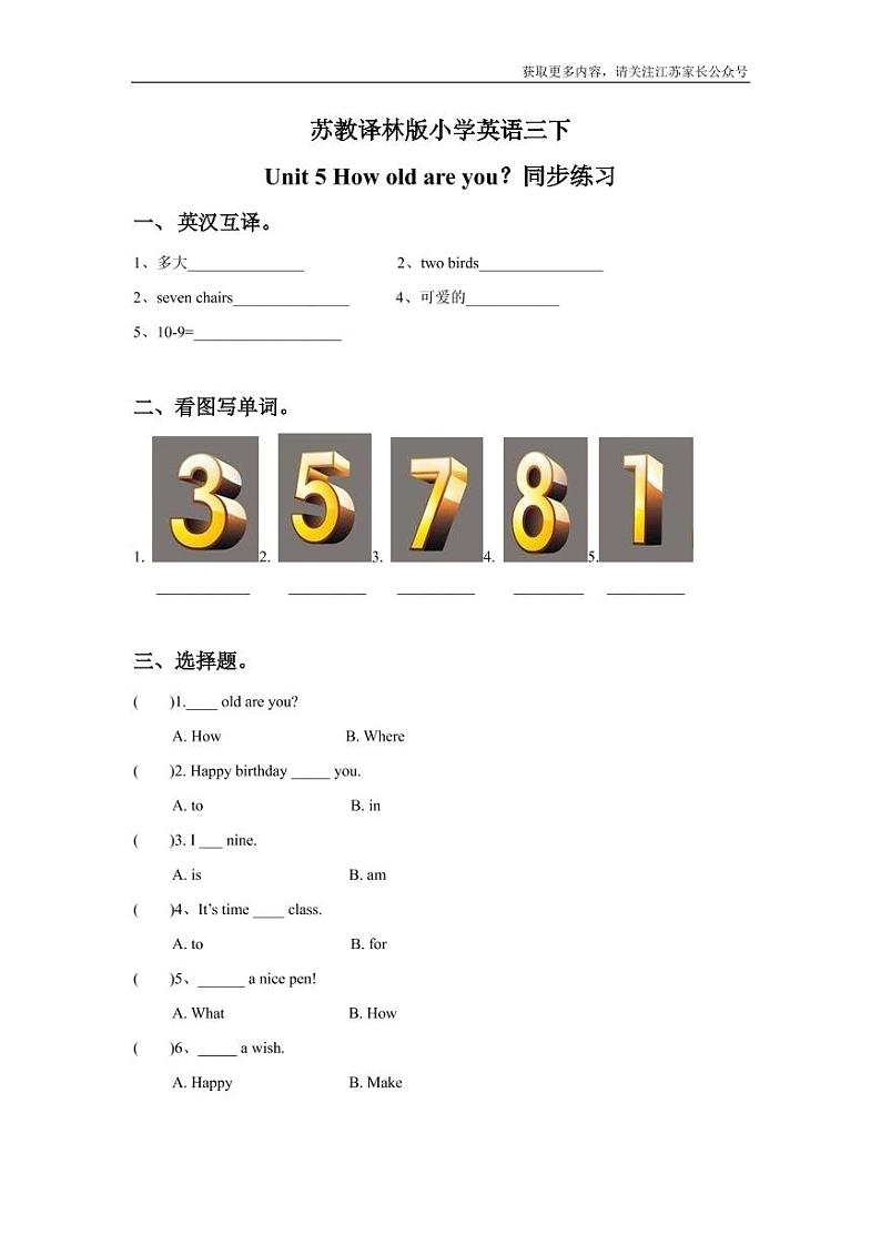苏教译林版小学英语三下 Unit 5 How old are you 同步练习01