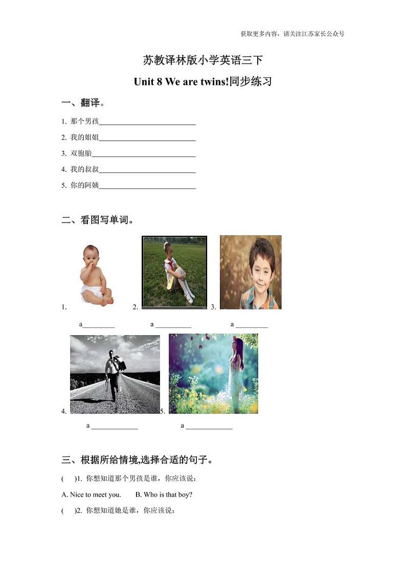 苏教译林版小学英语三下 Unit 8 We are twins 同步练习01