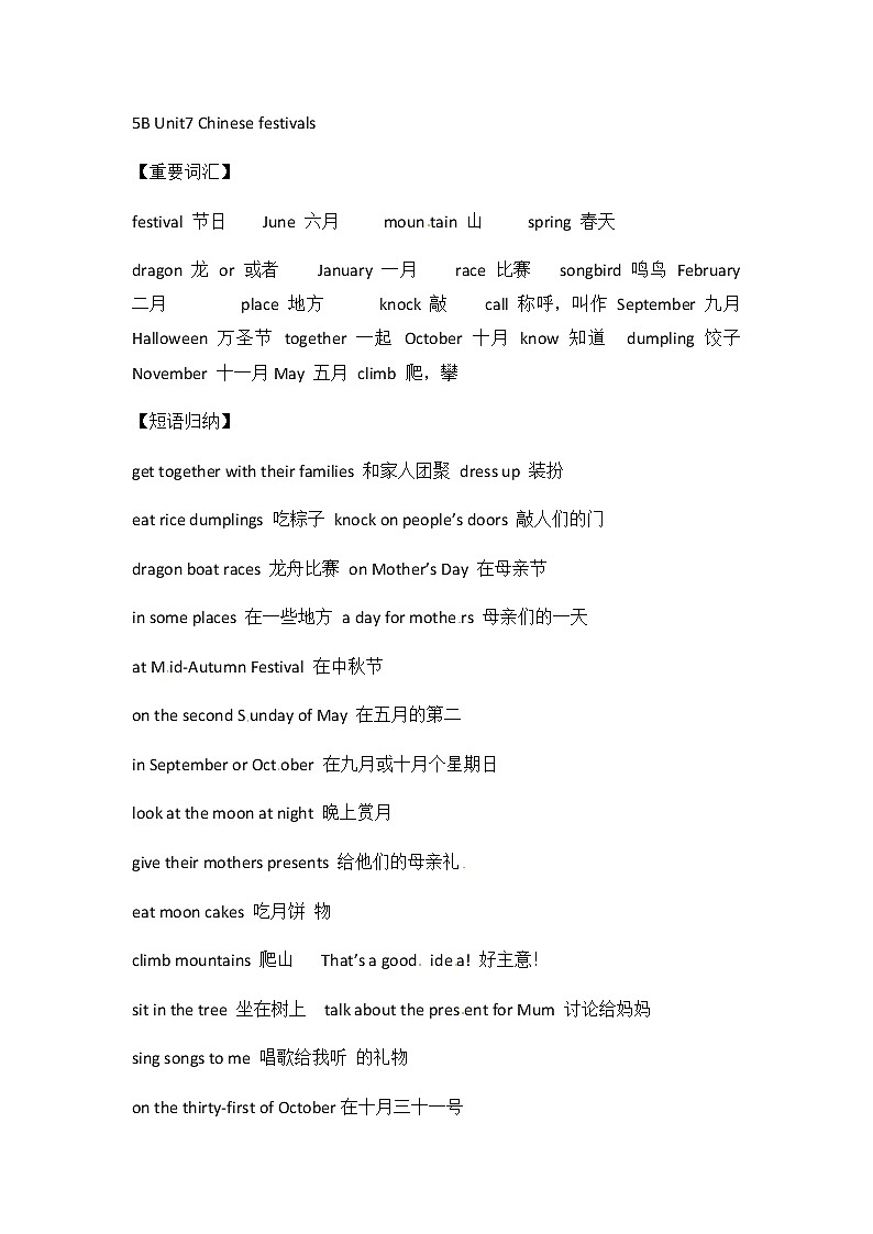 译林英语5下五年级下英语知识点归纳-Unit7 Chinese festivals译林版（三起）第1页