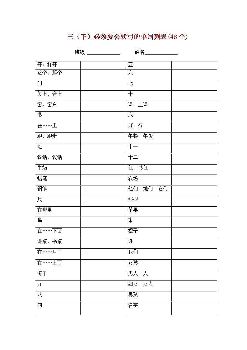 译林英语3-5年级四会单词默写版 学案02