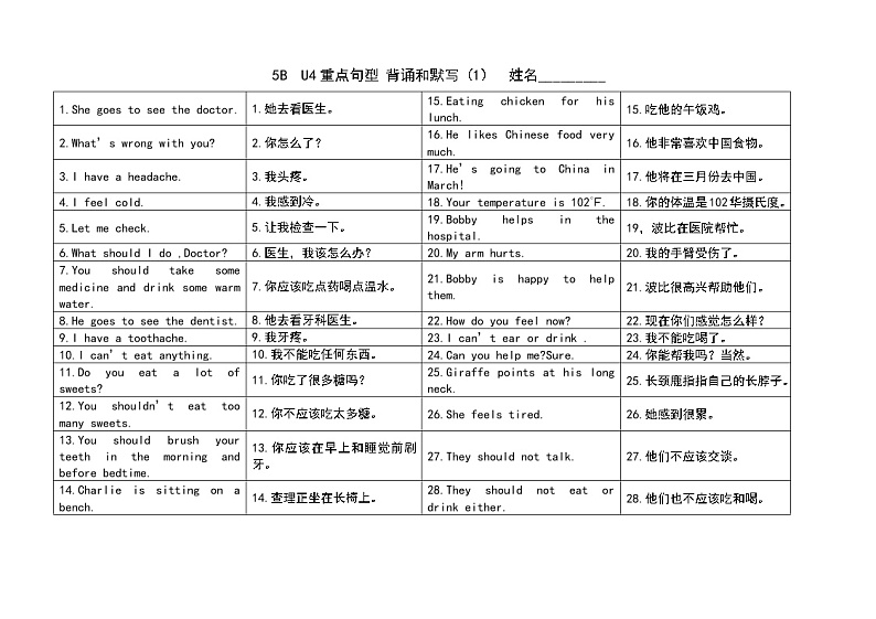译林英语5下5B U4重点句型默写 学案01