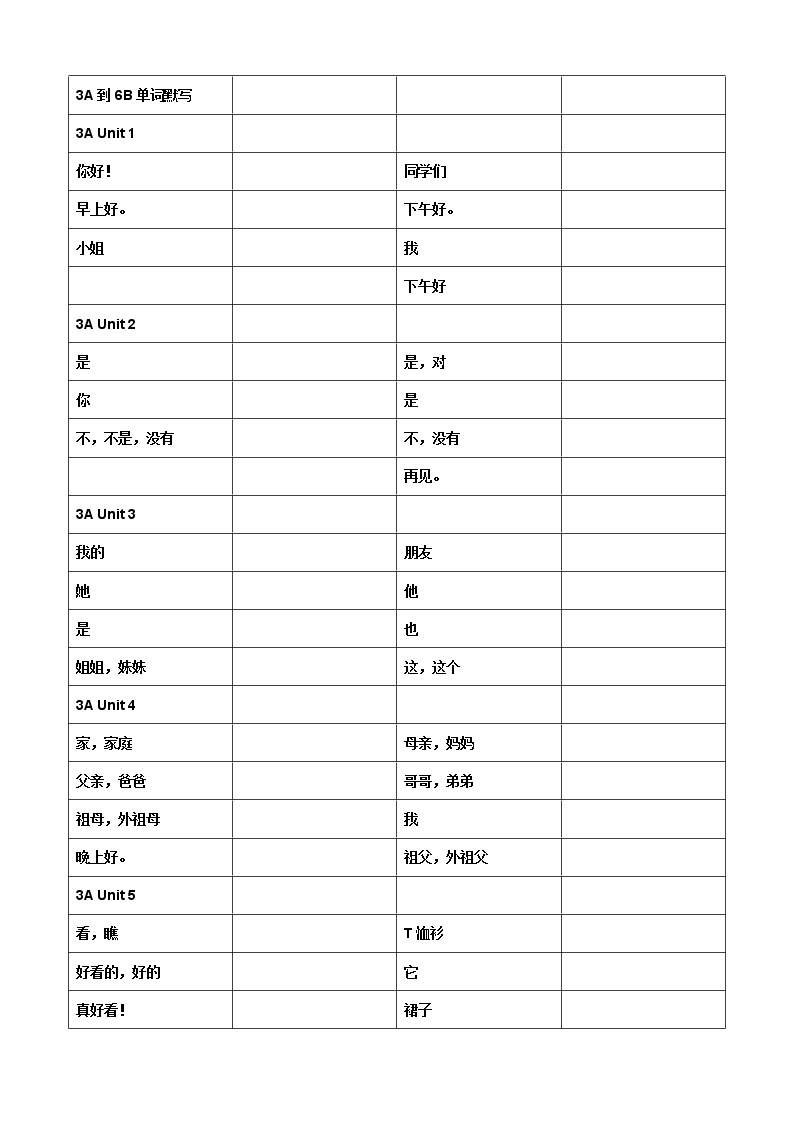 译林英语3A到6B单词默写 学案01