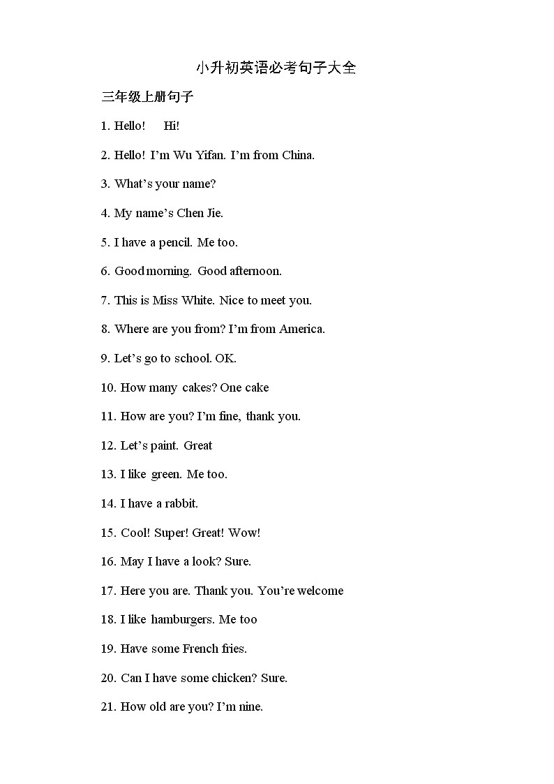 译林英语6B小升初英语必考句子大全 试卷01