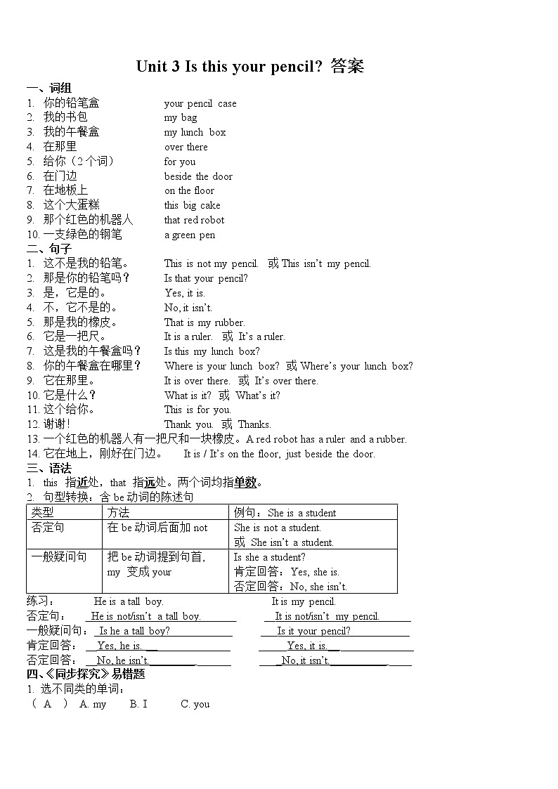 译林英语三年级下册3BUnit3 知识梳理答案01