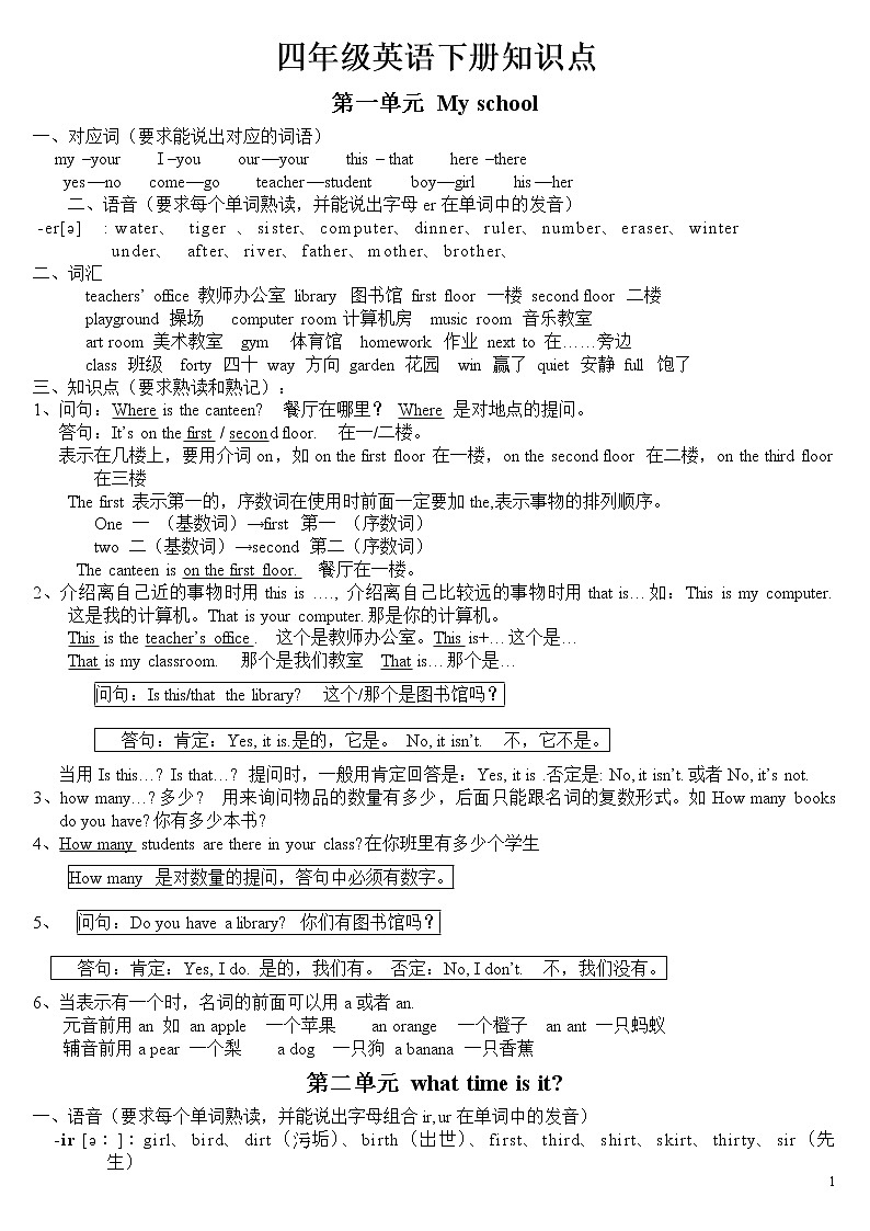 2018人教版pep四年级英语下册知识点归纳01