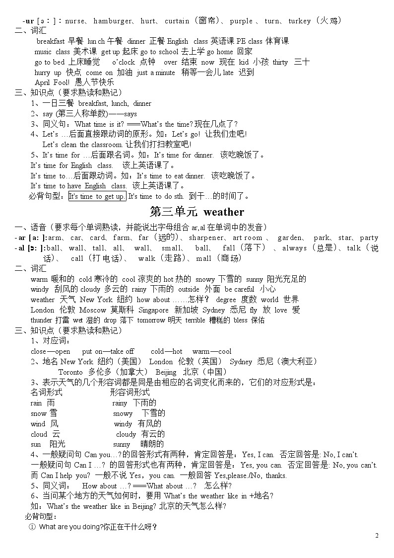 2018人教版pep四年级英语下册知识点归纳02