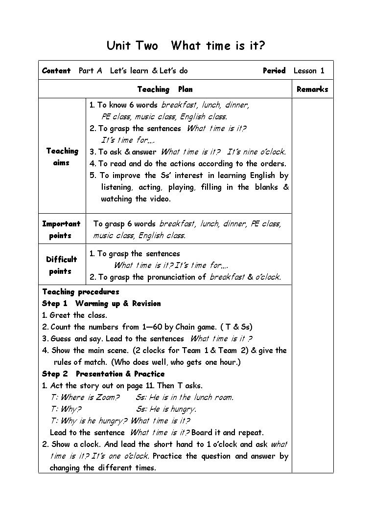 四年级下册英语教案-Unit 2 What time is it-1Part A  Let’s learn01