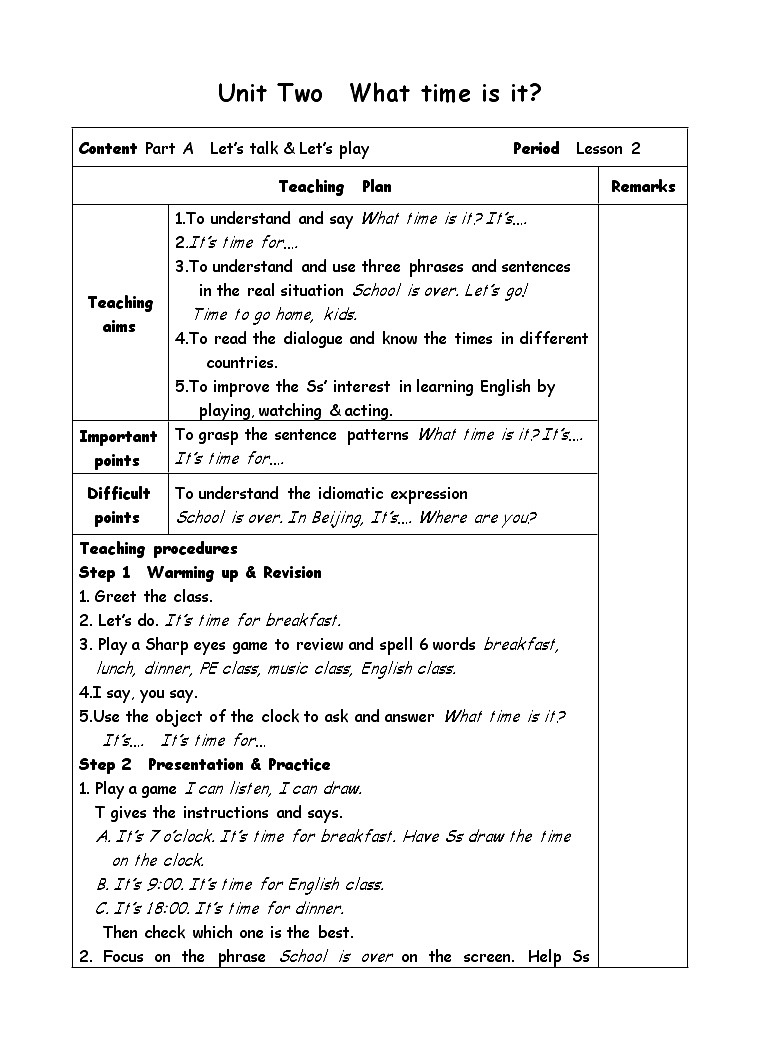 四年级下册英语教案-Unit 2 What time is it-2Part A  Let’s talk01