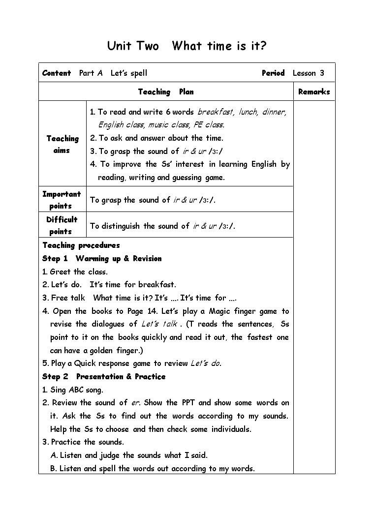 四年级下册英语教案-Unit 2 What time is it-3Part A  Let’s spell人教(PEP)(2014秋)01