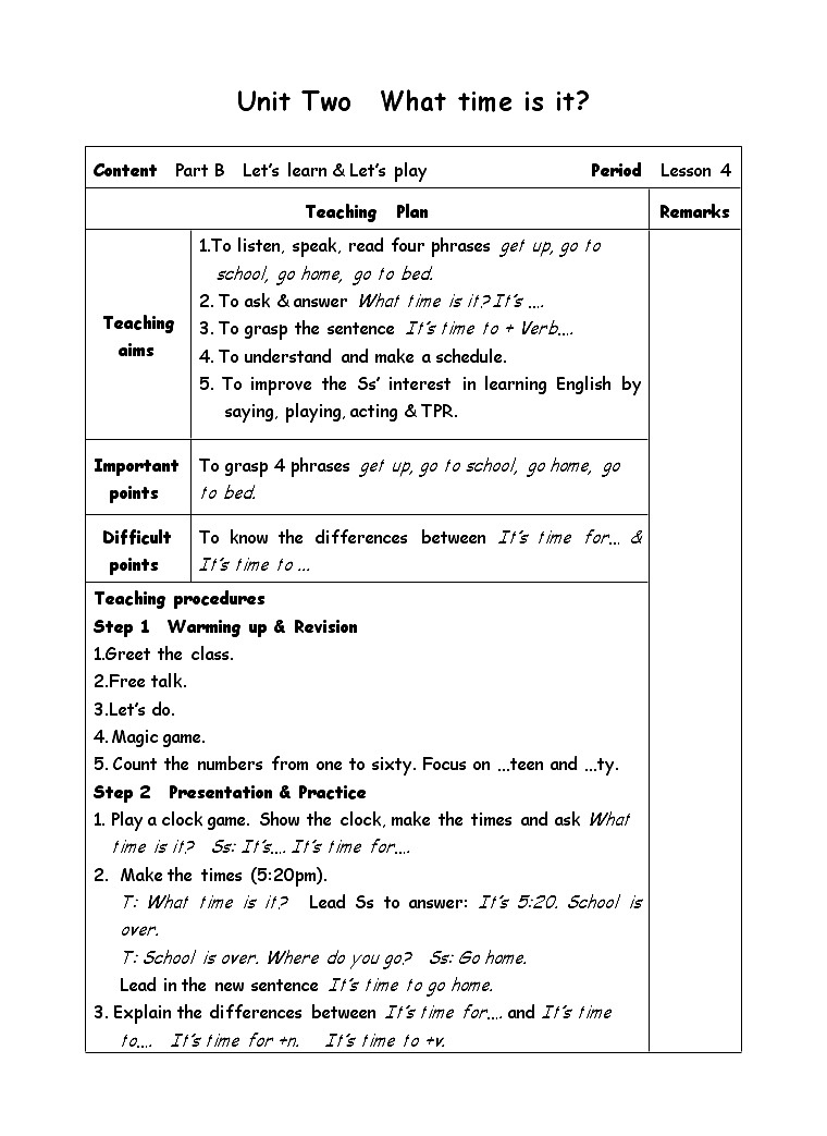 四年级下册英语教案-Unit 2 What time is it-4Part B  Let’s learn01