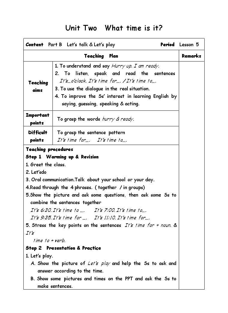 四年级下册英语教案-Unit 2 What time is it-5Part B  Let’s talk01