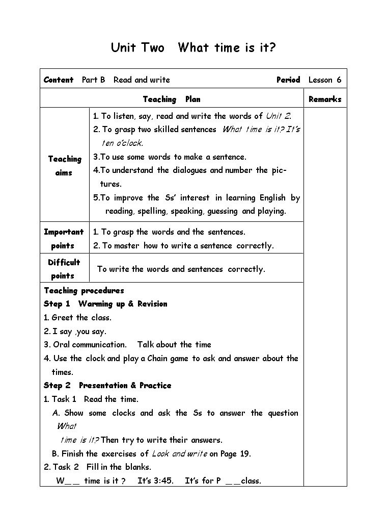 四年级下册英语教案-Unit 2 What time is it-6Part B  Read and write人教(PEP)(2014秋)01