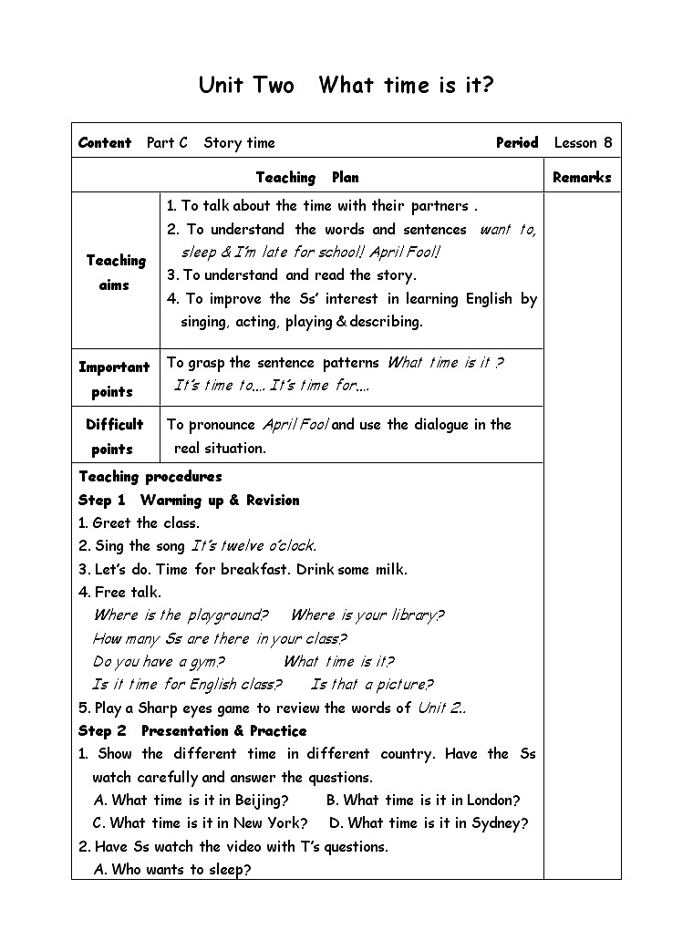 四年级下册英语教案-Unit 2 What time is it-8Part C  Story time人教(PEP)(2014秋)01