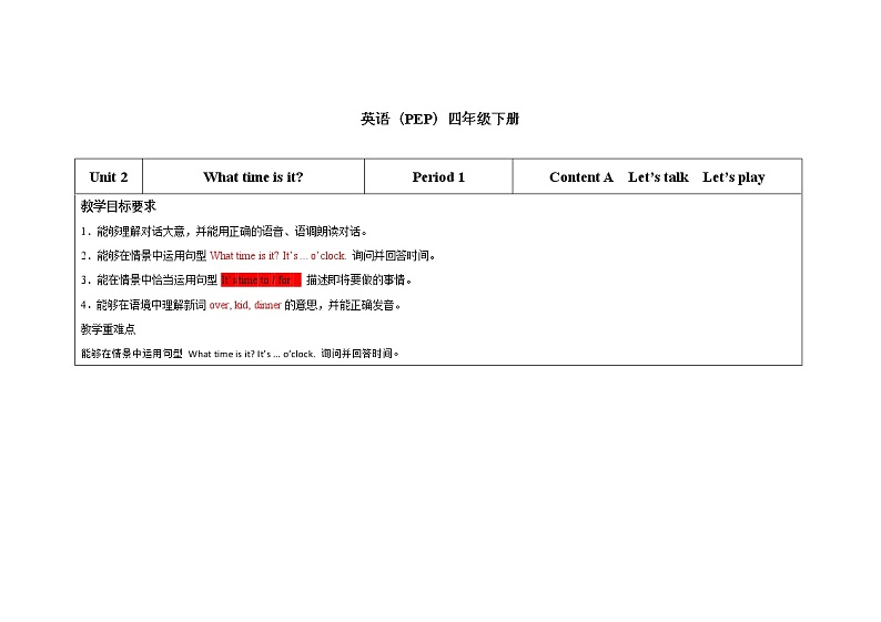 四年级下册英语教案－Unit2 What time is it PartA ｜人教（PEP）（2014秋） (2)01