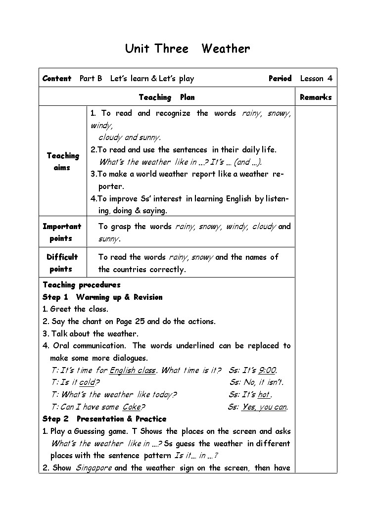 四年级下册英语教案-Unit 3  Weather-4Part B  Let’s learn01