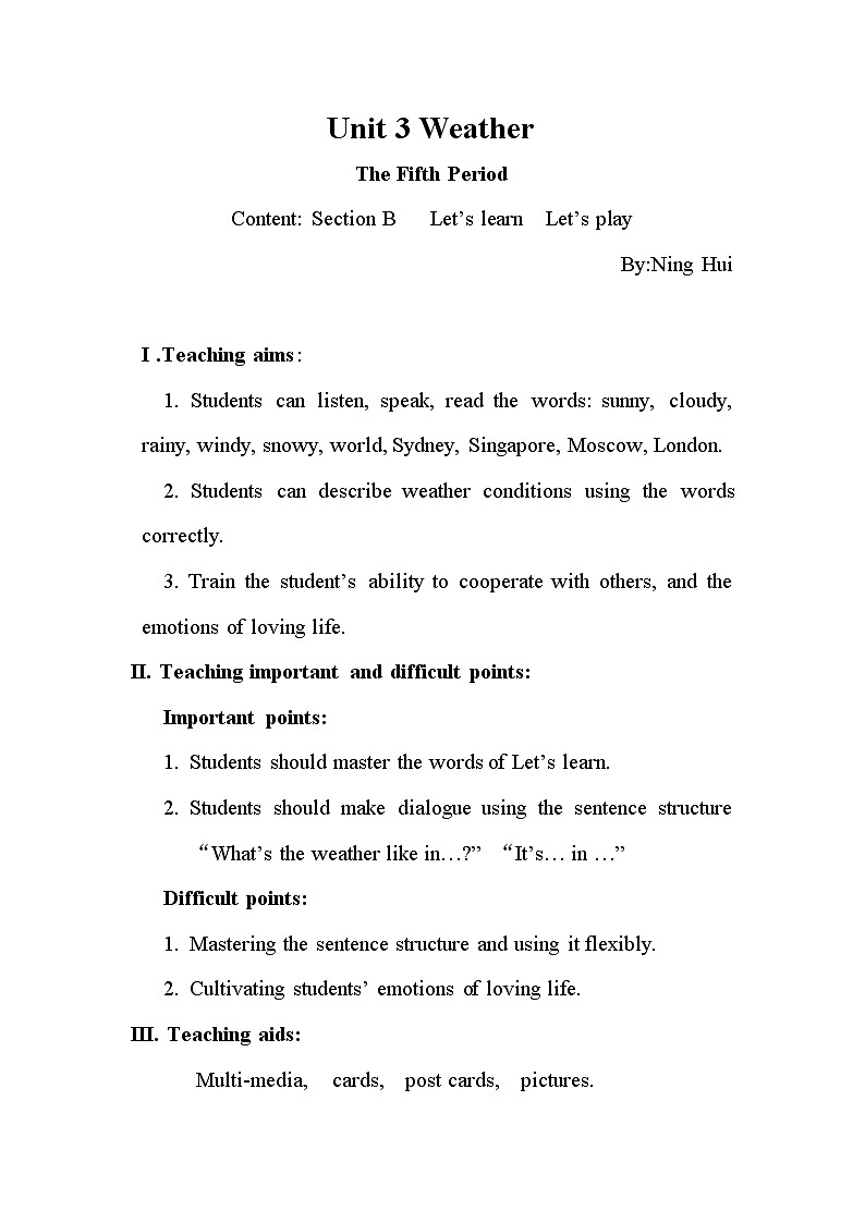 四年级下册英语教学设计-Unit3 Weather Part B ｜ 人教（PEP)(2014秋） (2)01