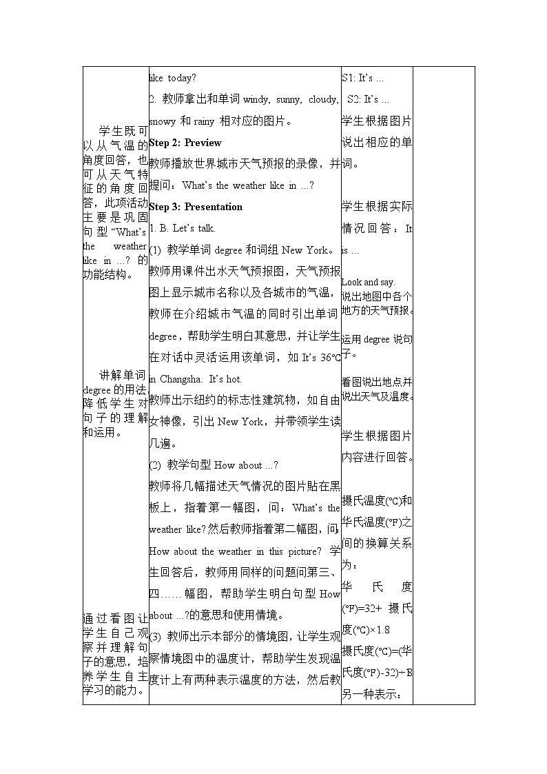 四年级下册英语教学设计-Unit3 Weather Part B ｜ 人教（PEP)(2014秋） (1)02