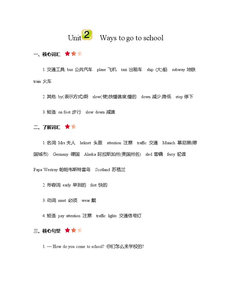 人教版六上Unit 2 Ways to go to school 知识清单01