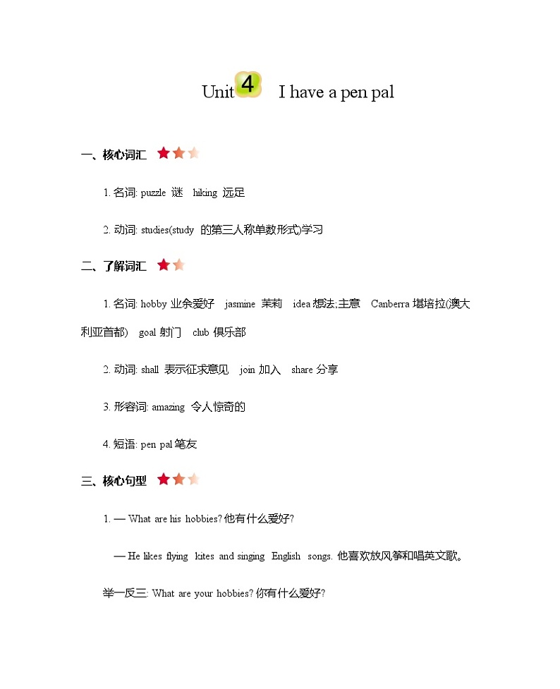 人教版六上Unit4 I have a pen pal 知识清单01