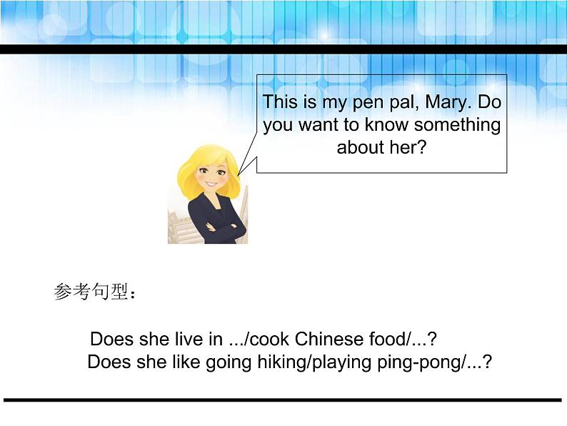 Unit 4  I have a pen pal Part B Let's try-Let's talk课件08