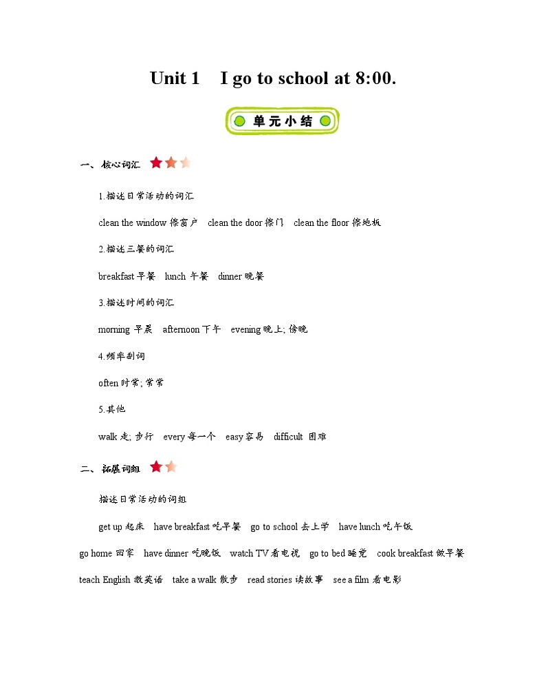 Unit 1 I go to school at 8：00 知识清单01
