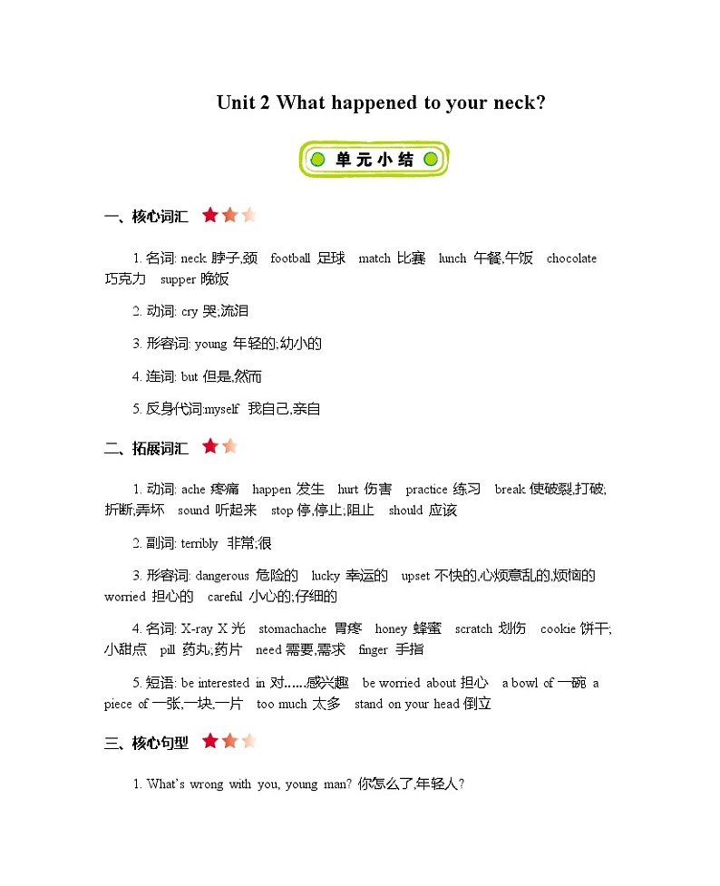Unit 2 What happened to your neck 知识清单第1页