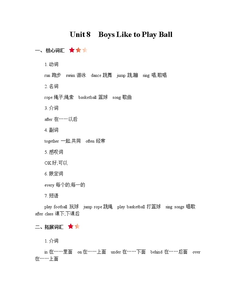陕旅四上 Unit 8  Boys Like to Play Ball 知识清单01