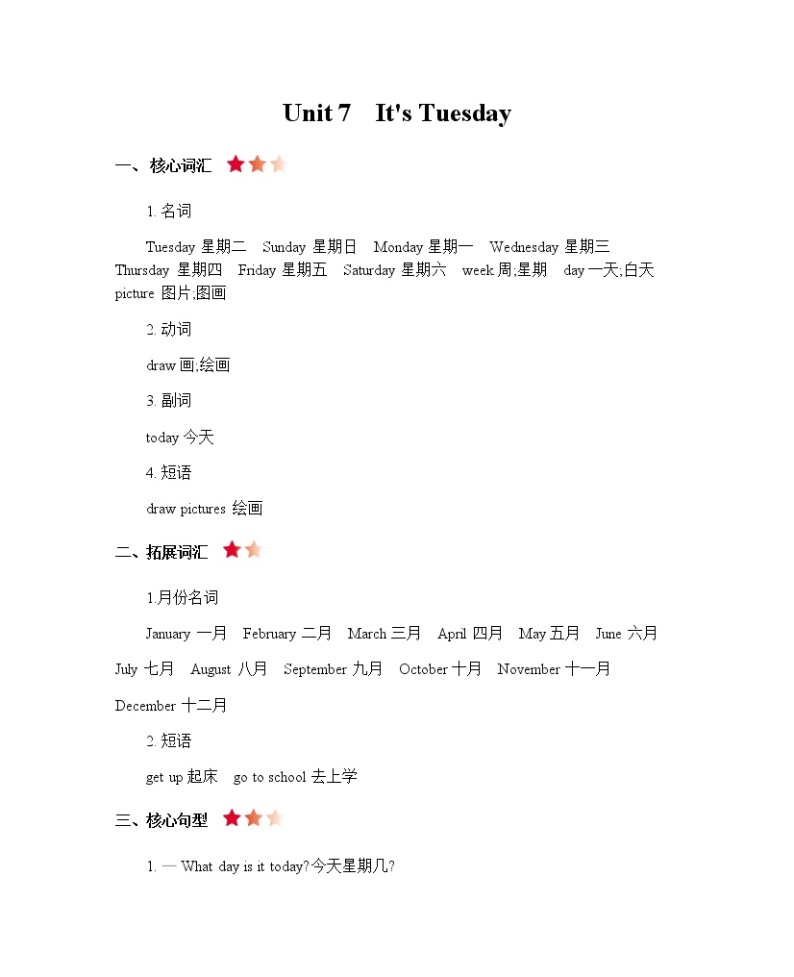 陕旅四上 Unit 7  It's Tuesday  知识清单01