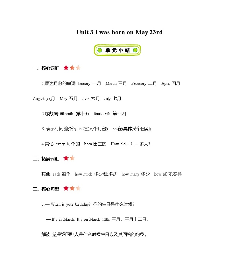 Unit 3 I was born on May 23rd  知识清单01