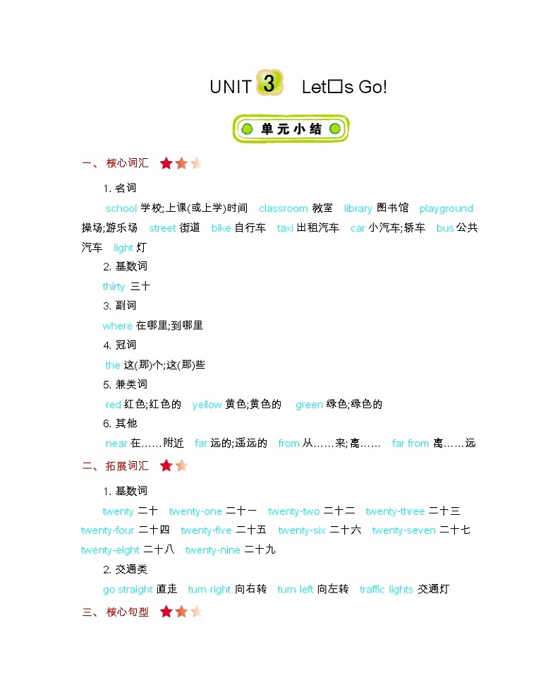 冀教版四上 Unit 3  Let's Go! 知识清单01
