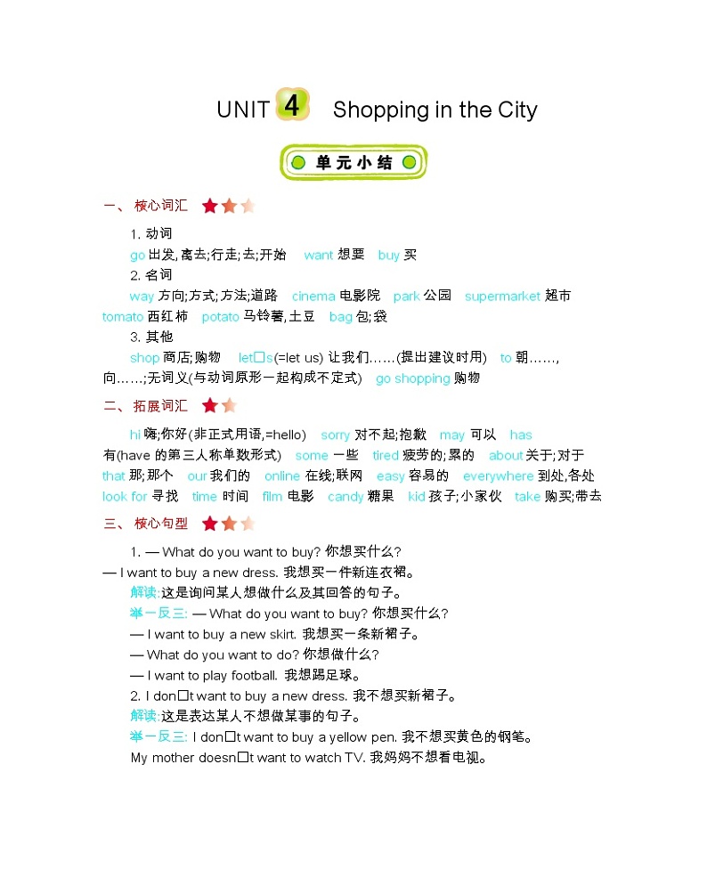 冀教版四上 Unit 4 Shopping in the City 知识清单01