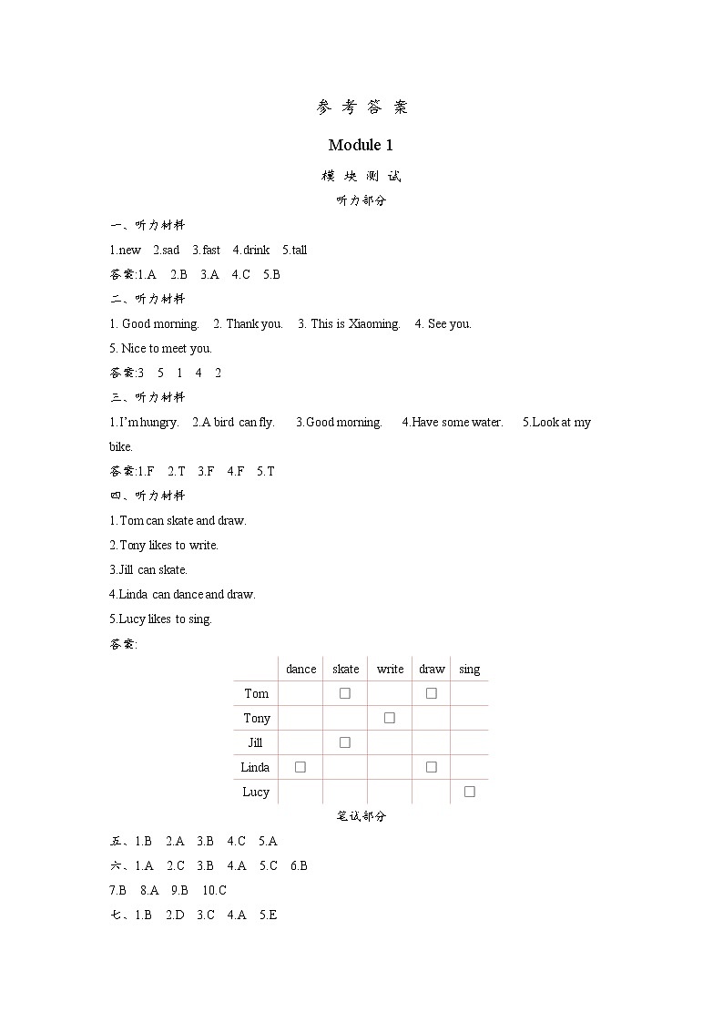 牛津上海版（三起）英语四上 Module 1 Getting to know you 测试卷+听力材料与答案01