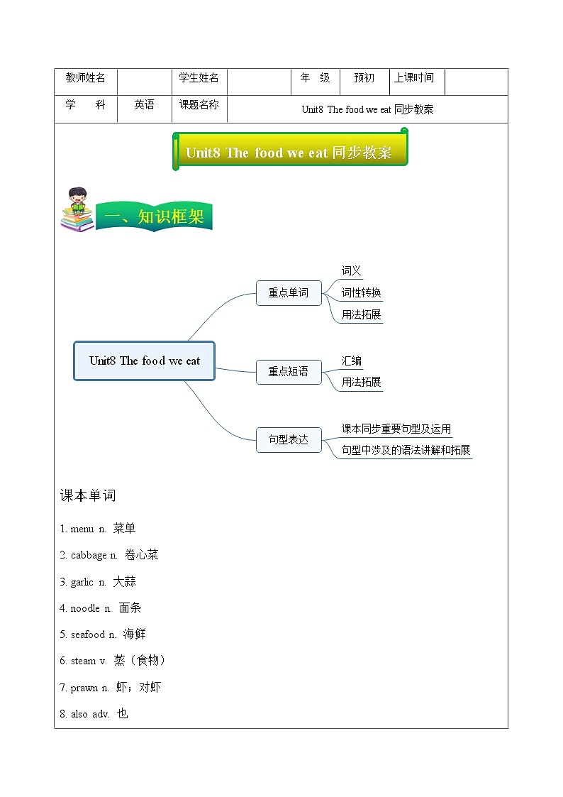 牛津上海版六年级上册英语 Unit 8 The food we eat 教案01