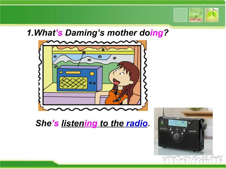 二年级下册英语课件- Module 2 Unit 1 She's listening to the radio.  外研社（一起）07