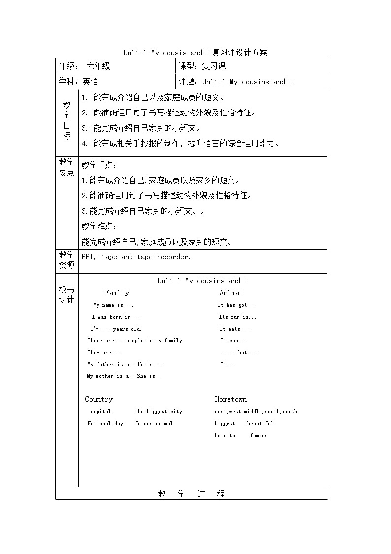 六年级下册英语教案- Unit 1 My cousins and I   join in 剑桥英语01