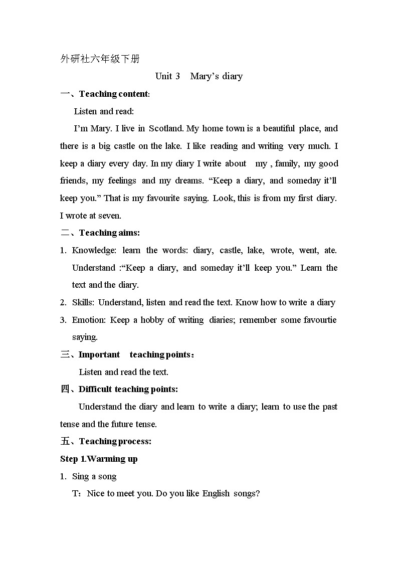 六年级下册英语教案- Unit 3  Mary’s diary   join in 剑桥英语01