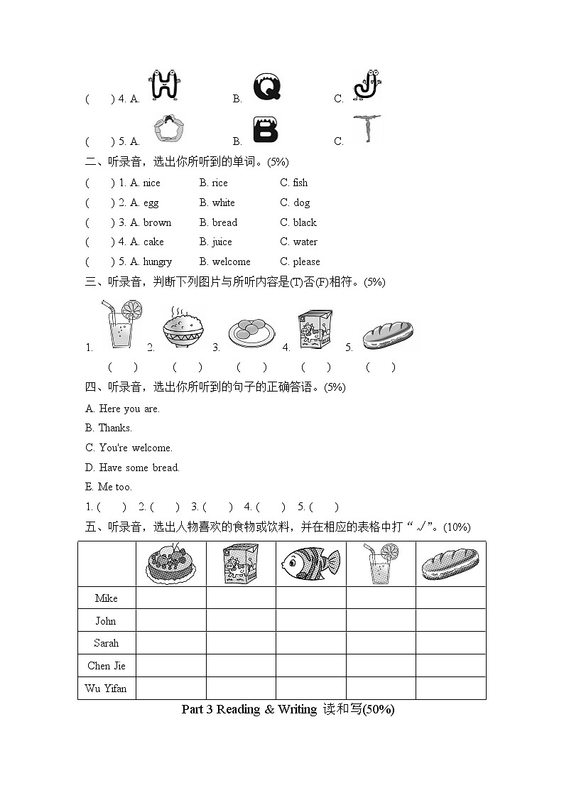 【精品】三年级上英语单元测试（听力录音+答案+听力材料）-Unit 5 Let's eat！教(PEP)(2014秋)C02