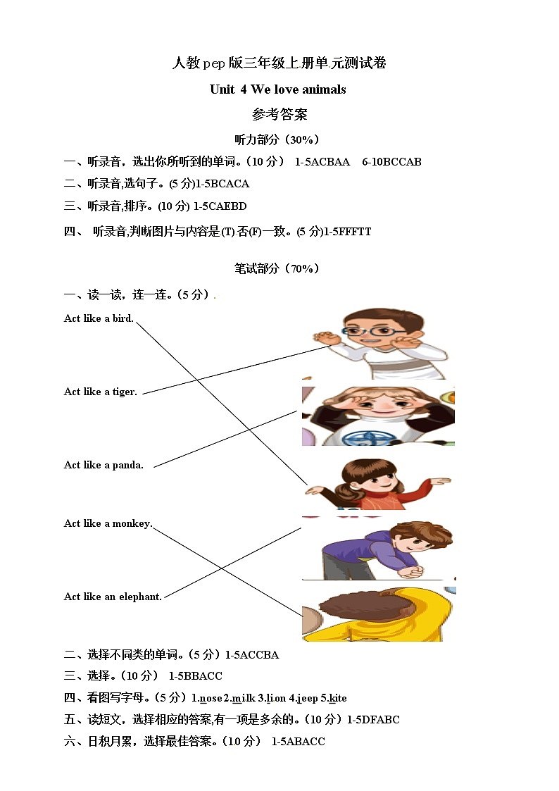 三年级上册英语单元测试卷-Unit 4 We love animals 人教PEP（含答案及音频，材料）01