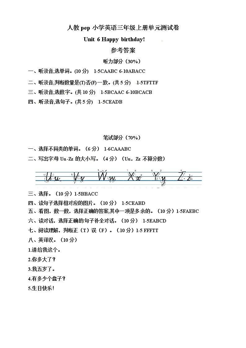 （参考答案）Unit 6 Happy birthday!  单元测试卷第1页