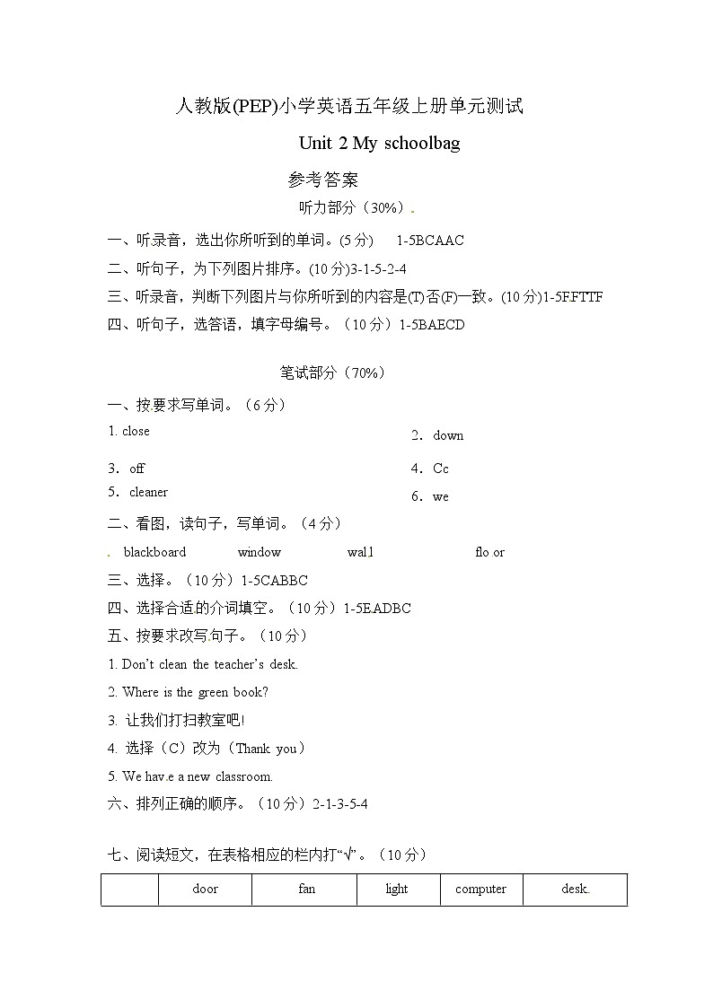 【精品】四年级上英语单元测试（听力录音+答案+解析）-Unit 2 My Schollbag人教(PEP)(2014秋)201