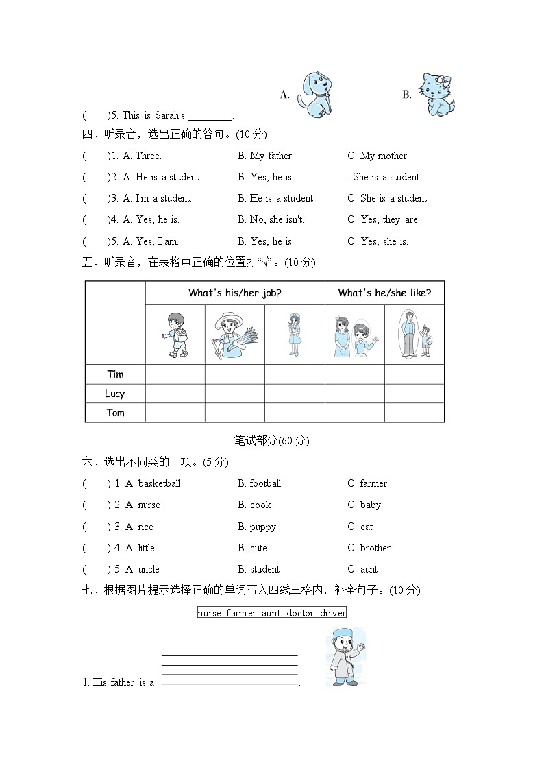 【精品】四年级上英语单元测试（听力录音+答案+听力材料）-Unit 6 Meet My Family!人教(PEP)(2014秋)B02