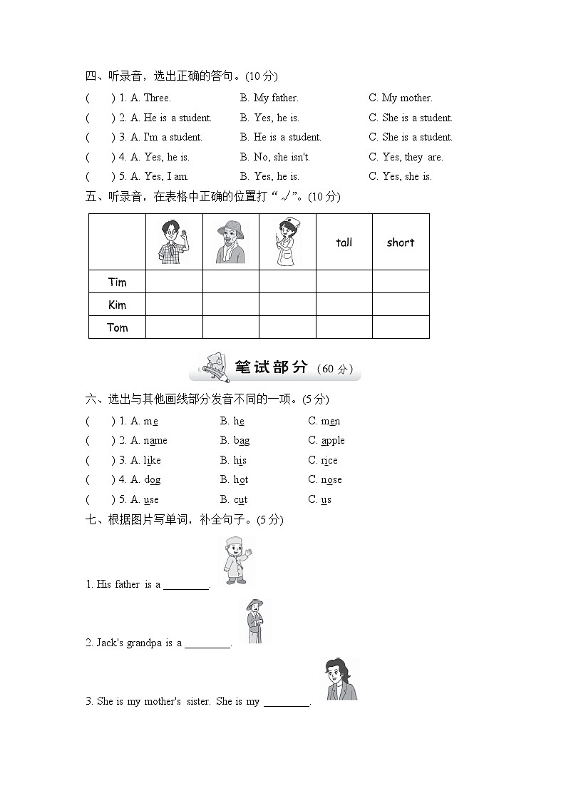 【精品】四年级上英语单元测试（听力录音+答案+听力材料）-Unit 6 Meet My Family!人教(PEP)(2014秋)D02