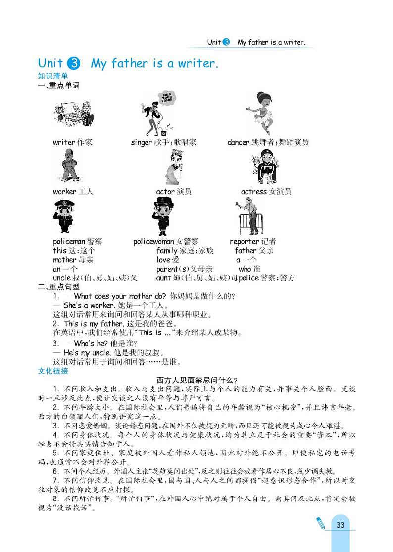 人教精通版英语五年级上册 Unit 3 My father is a writer. 同步练习01