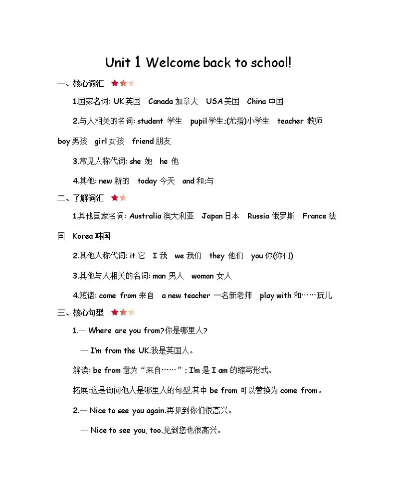 Unit 1  Welcome back to school 知识清单01