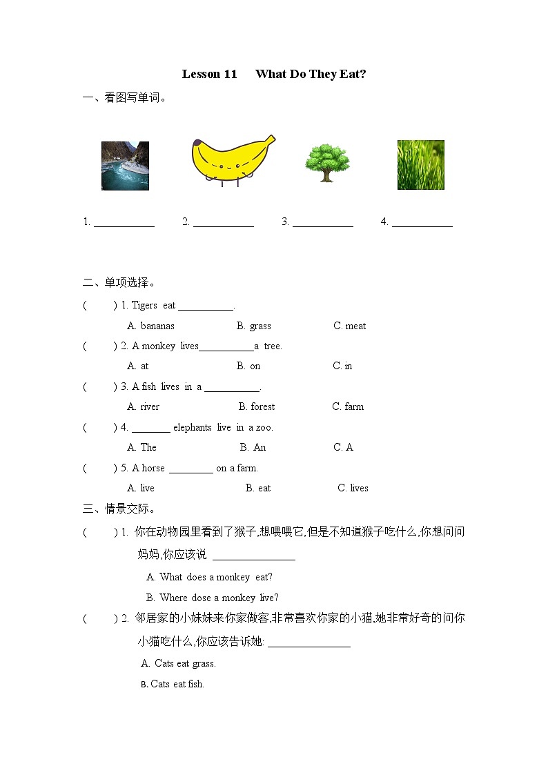 Unit 2 Lesson 11 What Do They Eat  课时练（含答案）01