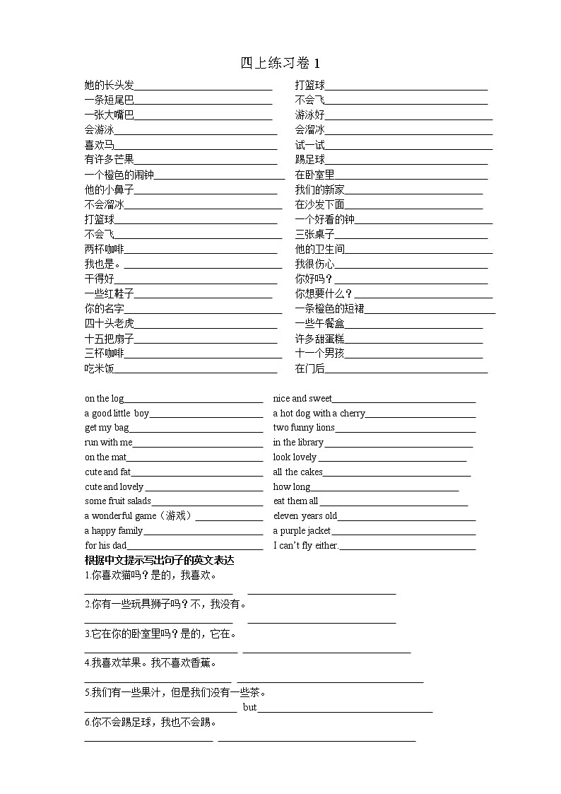 译林版四上英语四上期末词组句子练习卷101