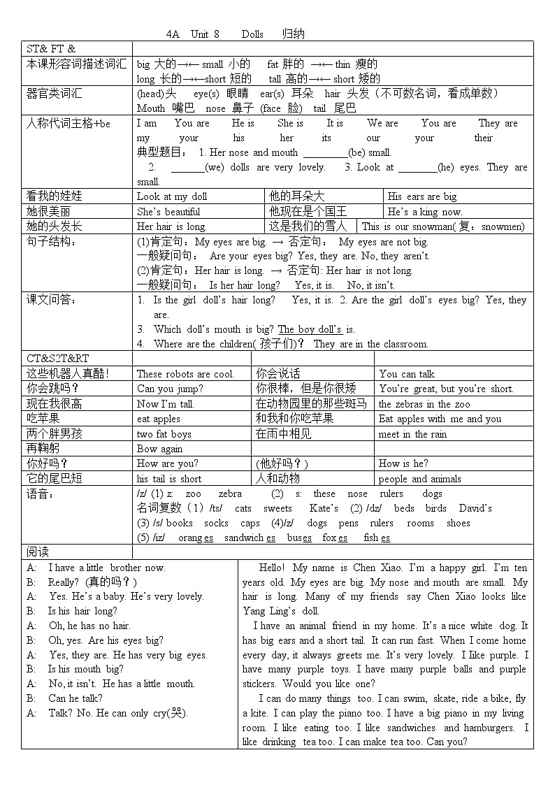 译林版四上英语4AU8归纳 试卷01
