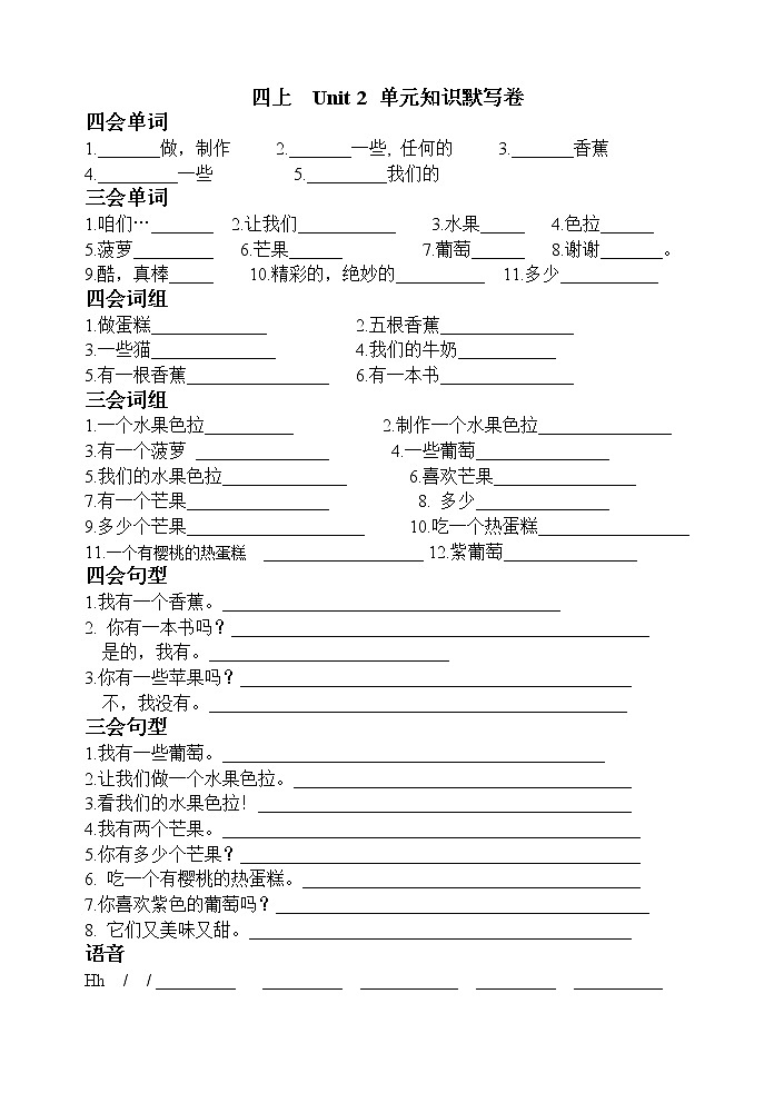 译林版四上英语四上 Unit 2 单元知识默写卷01